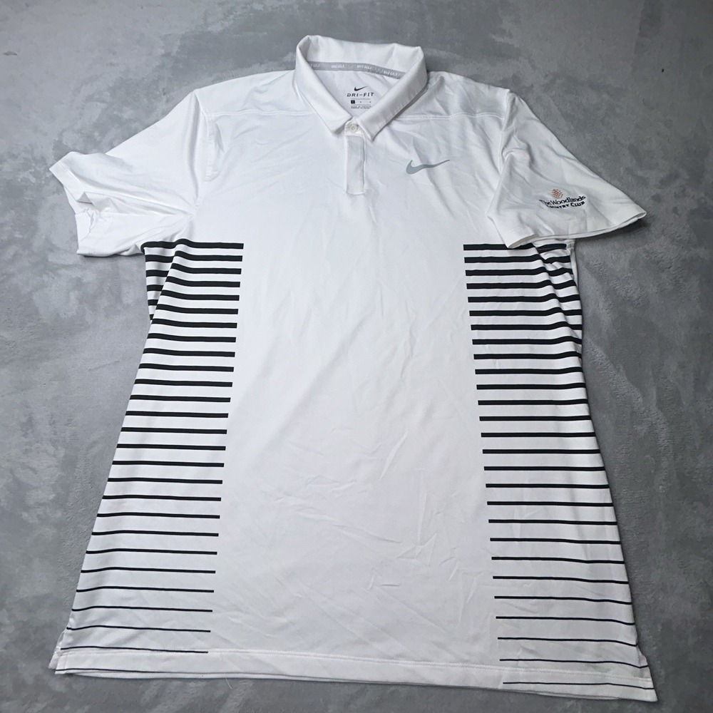 Nike Golf Dri-FIT Polo Shirt White Striped The Woodlands CC Mens Large